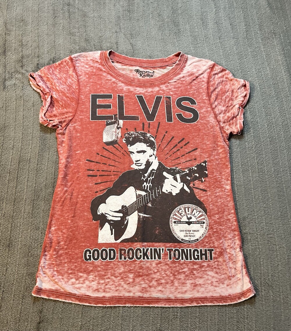 Recycled Karma Elvis Good Rockin Tonight Size S Red Burnout T-Shirt Vintage Look